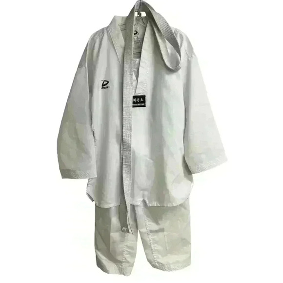 DYNAMICS PREMIUM TKD WHITE UNIFORM Drawstring Pant V-neck Top Belt Size  4 - Picture 1 of 11